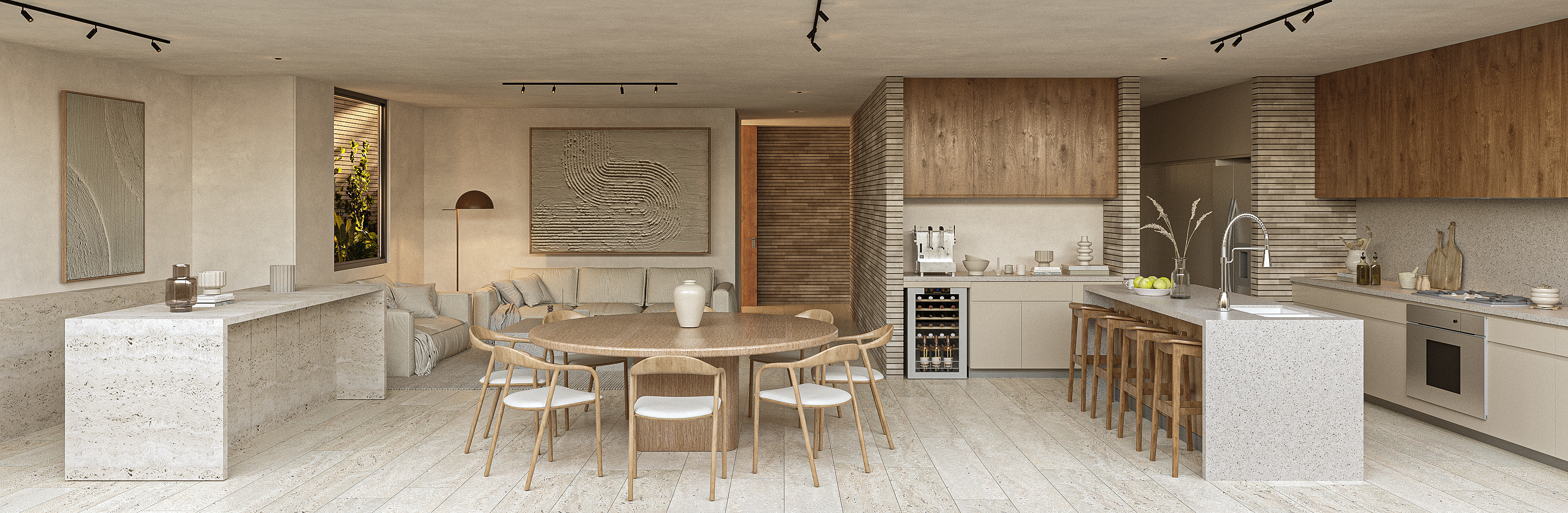 Panorámica área social — sala, comedor y cocina
